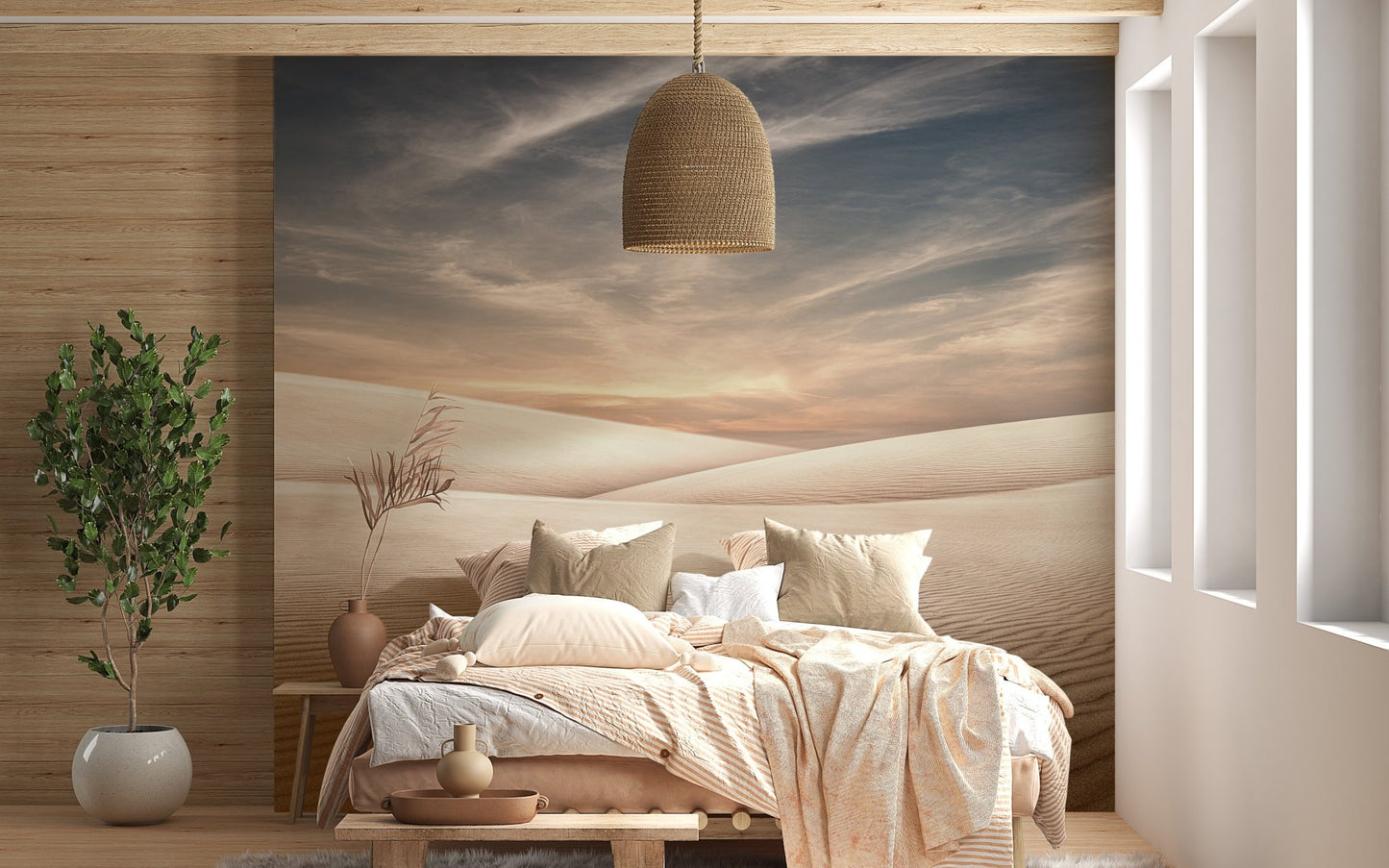 Master bedroom wall mural with tan sand dune patterns and a low wooden bed.