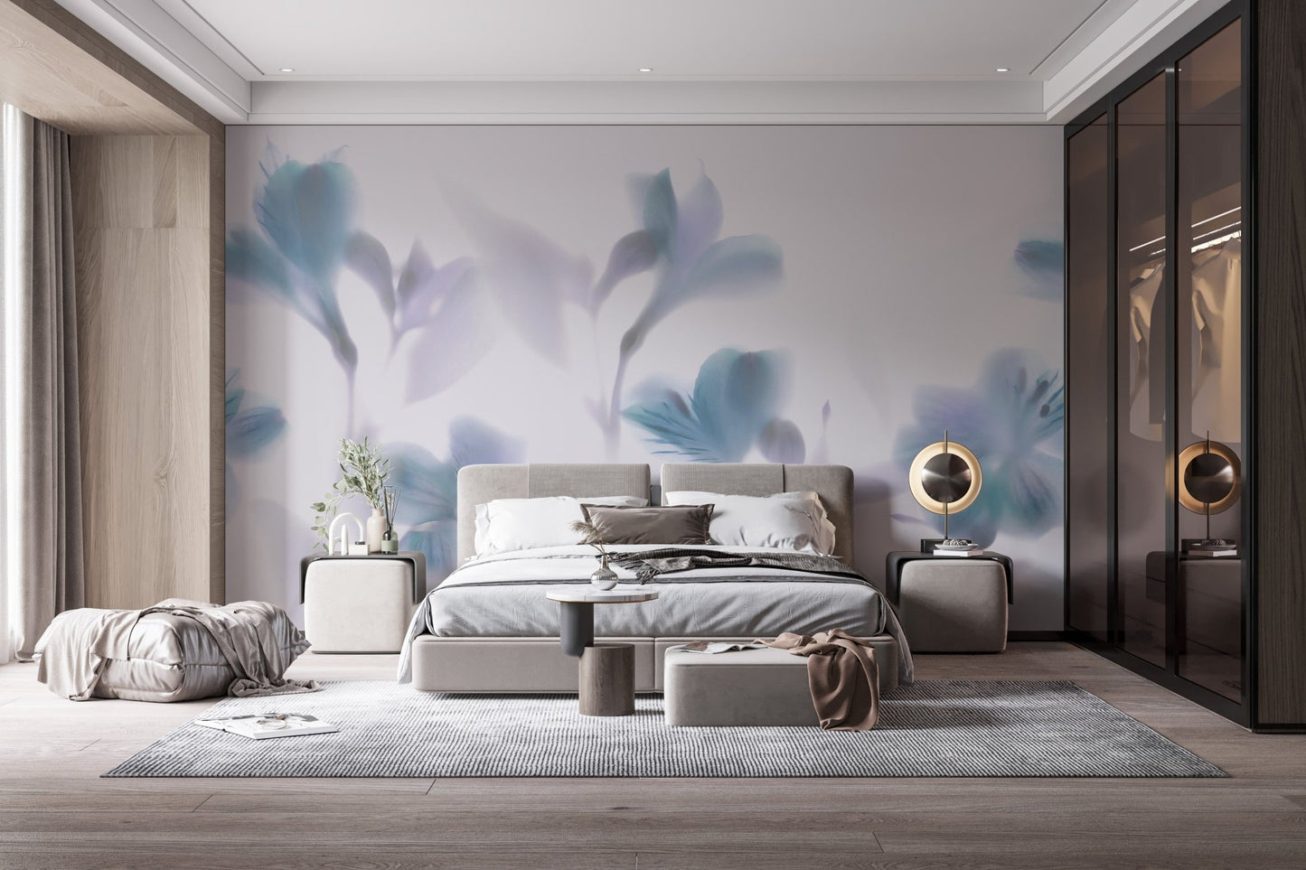 Luxury suite featuring large orchids wall mural and dark wood wardrobes.