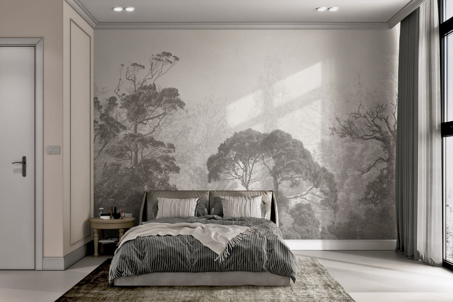 Rustic misty forest mural with a grunge-style finish