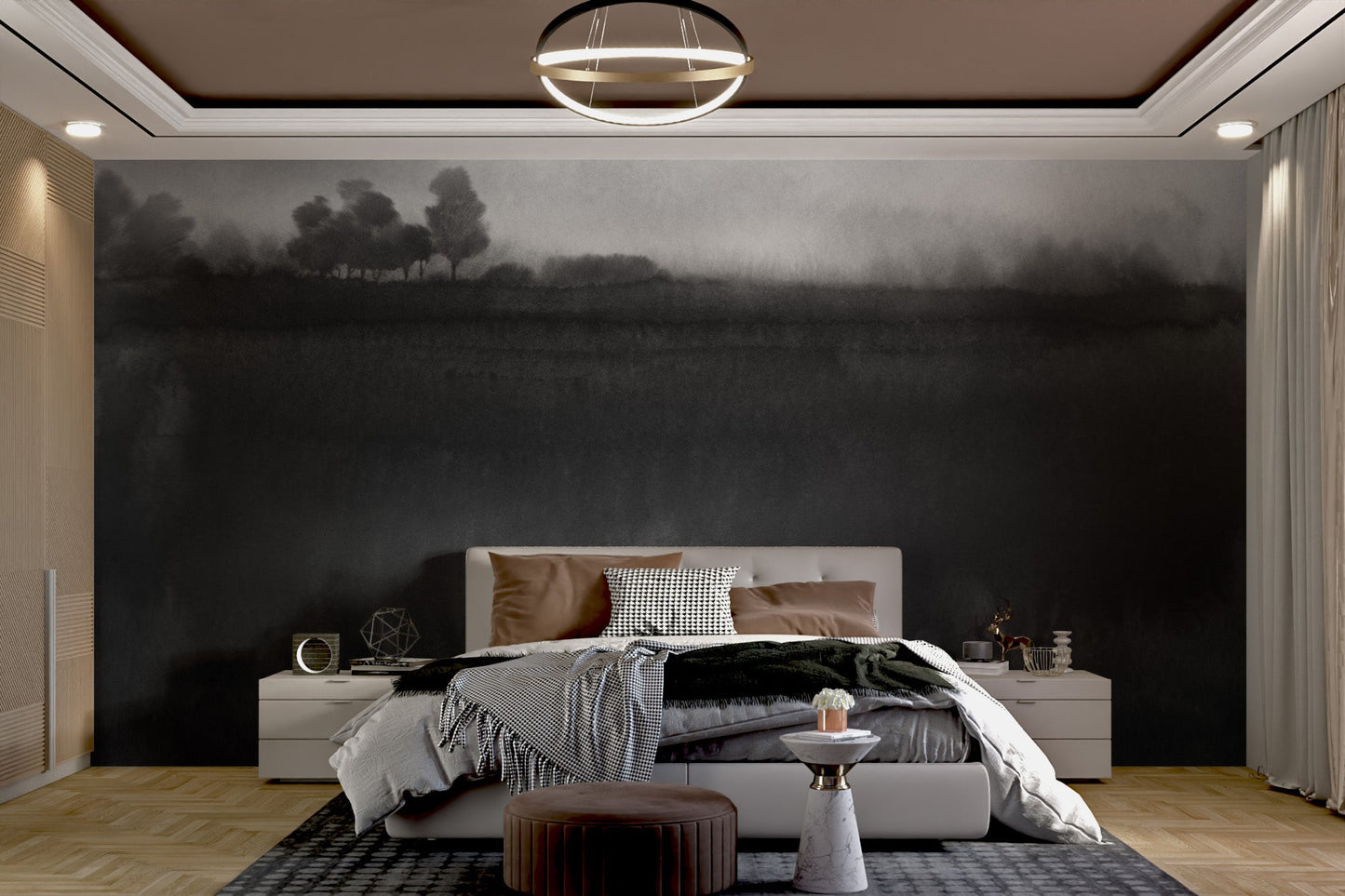 Artistic foggy landscape wall mural for modern bedroom styling.