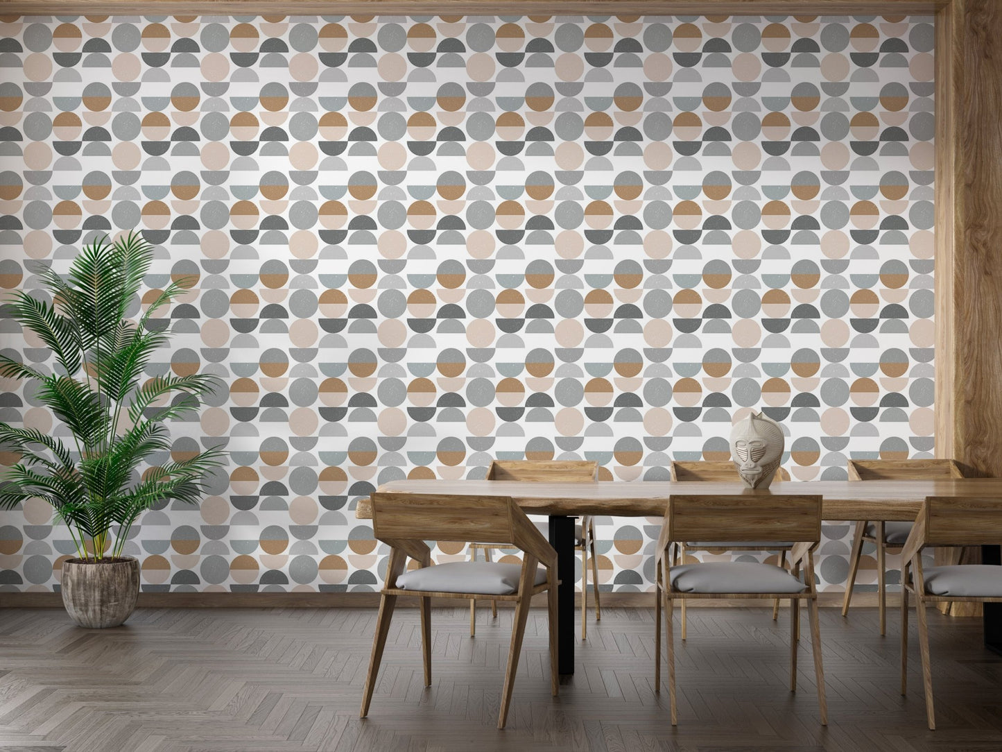 Scandinavian style wallpaper in a large dining room with a wooden table and chairs.
