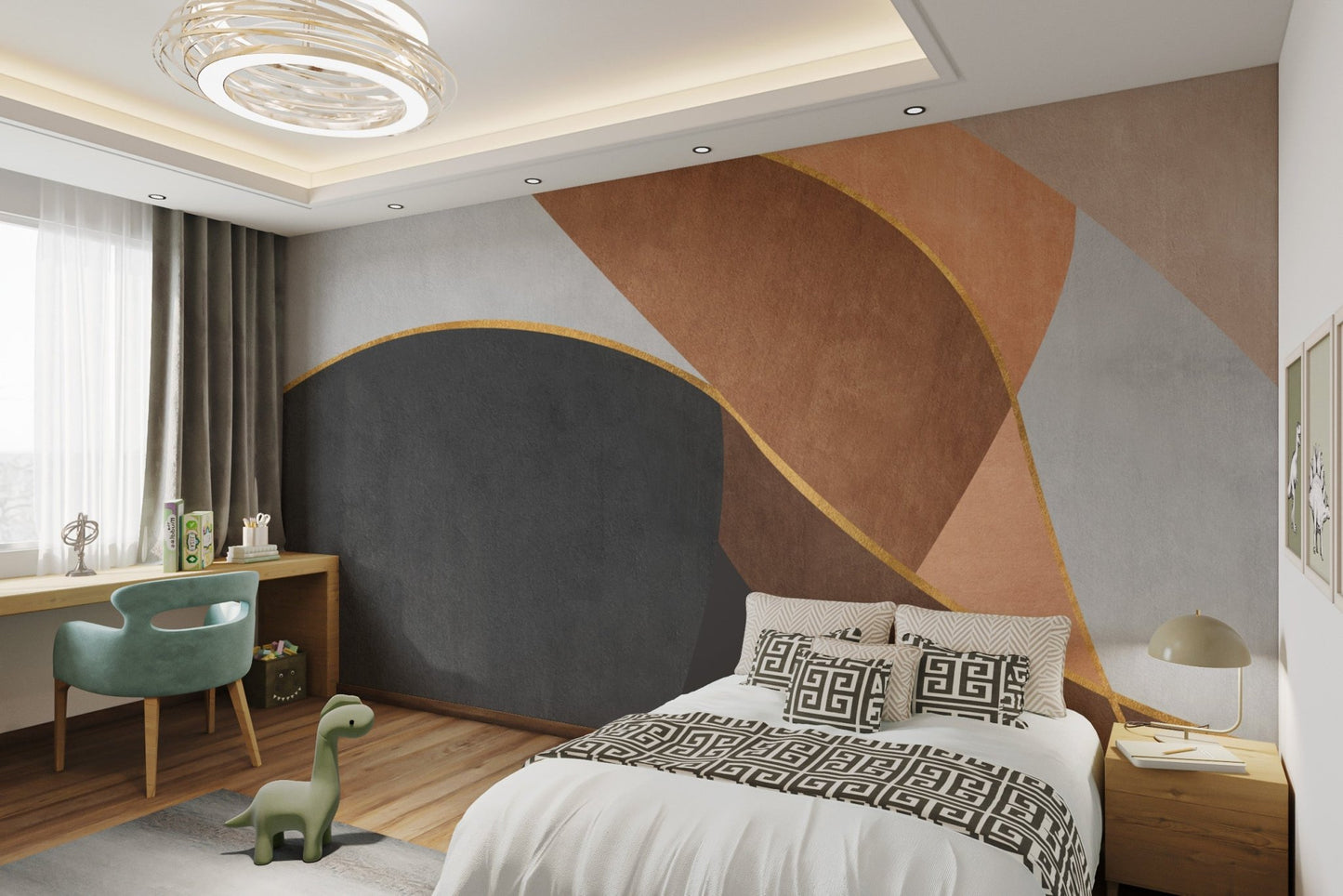 Elegant abstract curves wall mural for minimalist bedroom decor.