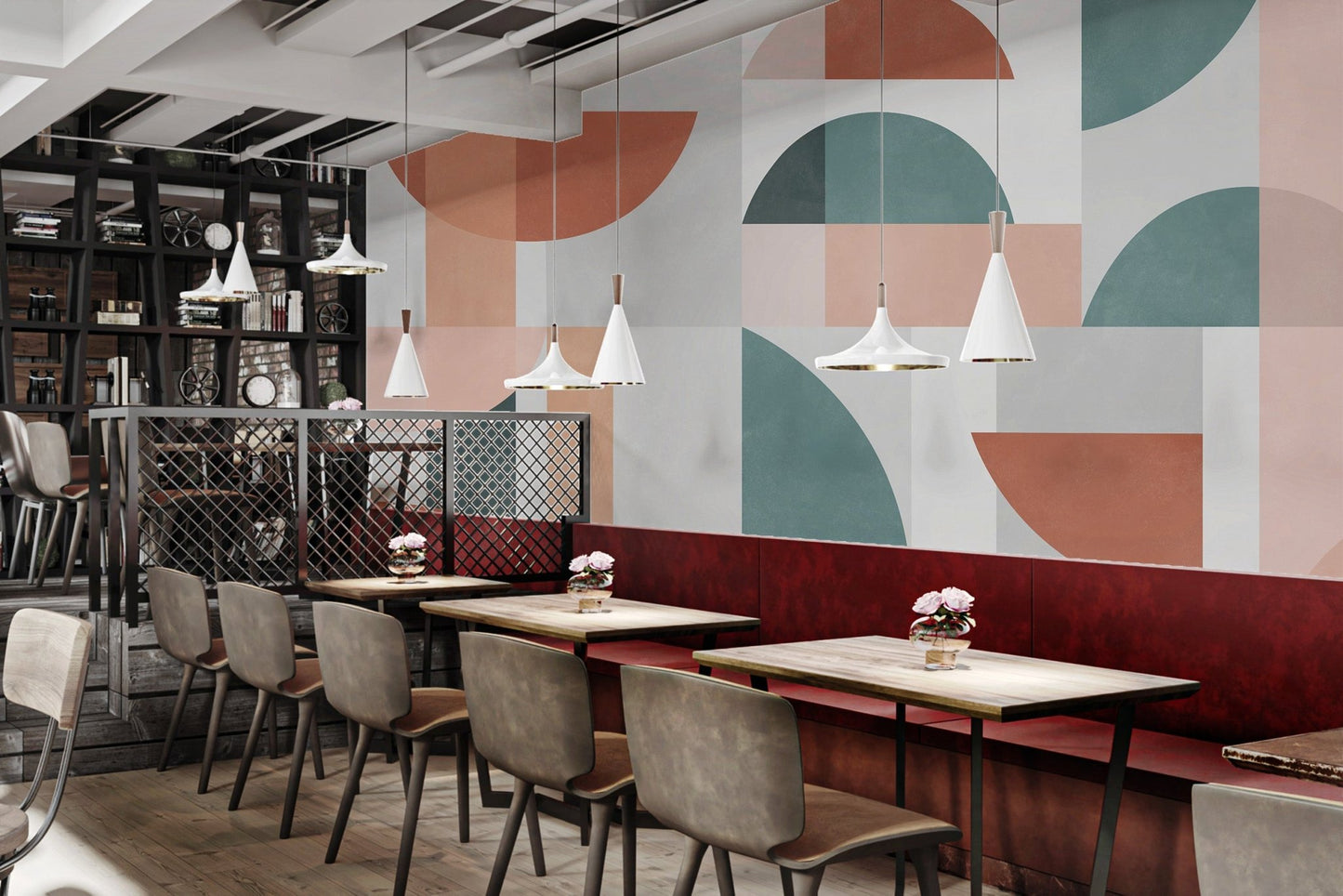 Geometric shapes wall mural with terracotta arches and grey squares.