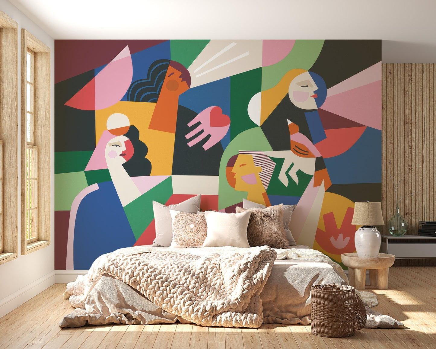 Feminine art inspired wallpaper featuring bold modern color contrast.