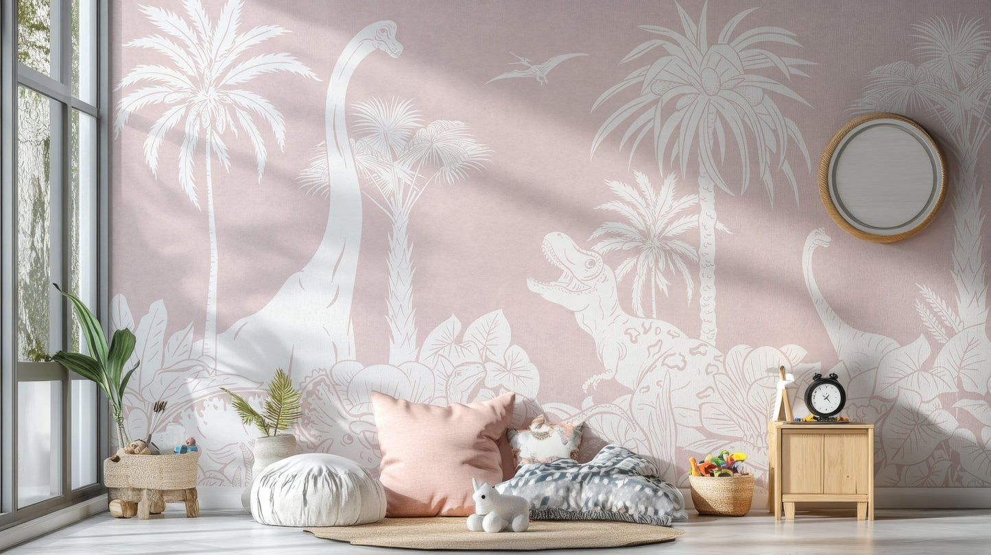 Monochrome Dino Pink Wall Mural - Wallanza
