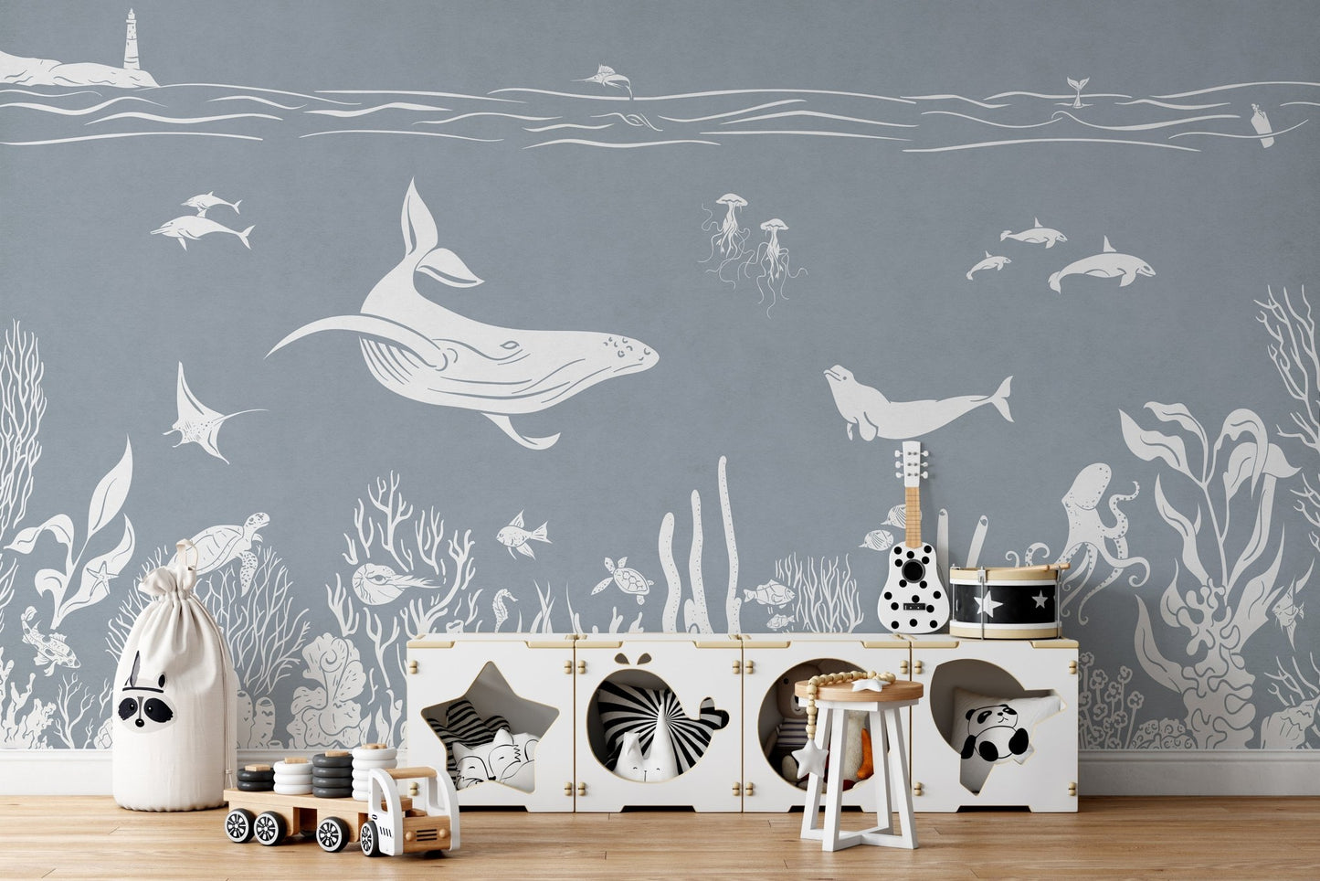 Sea inspired wallpaper wall mural with detailed underwater sketch design.