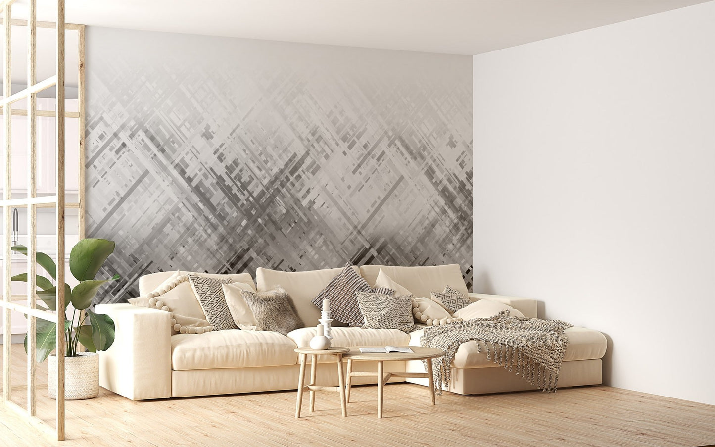Graphic monochrome wallpaper with overlapping stripe pattern.