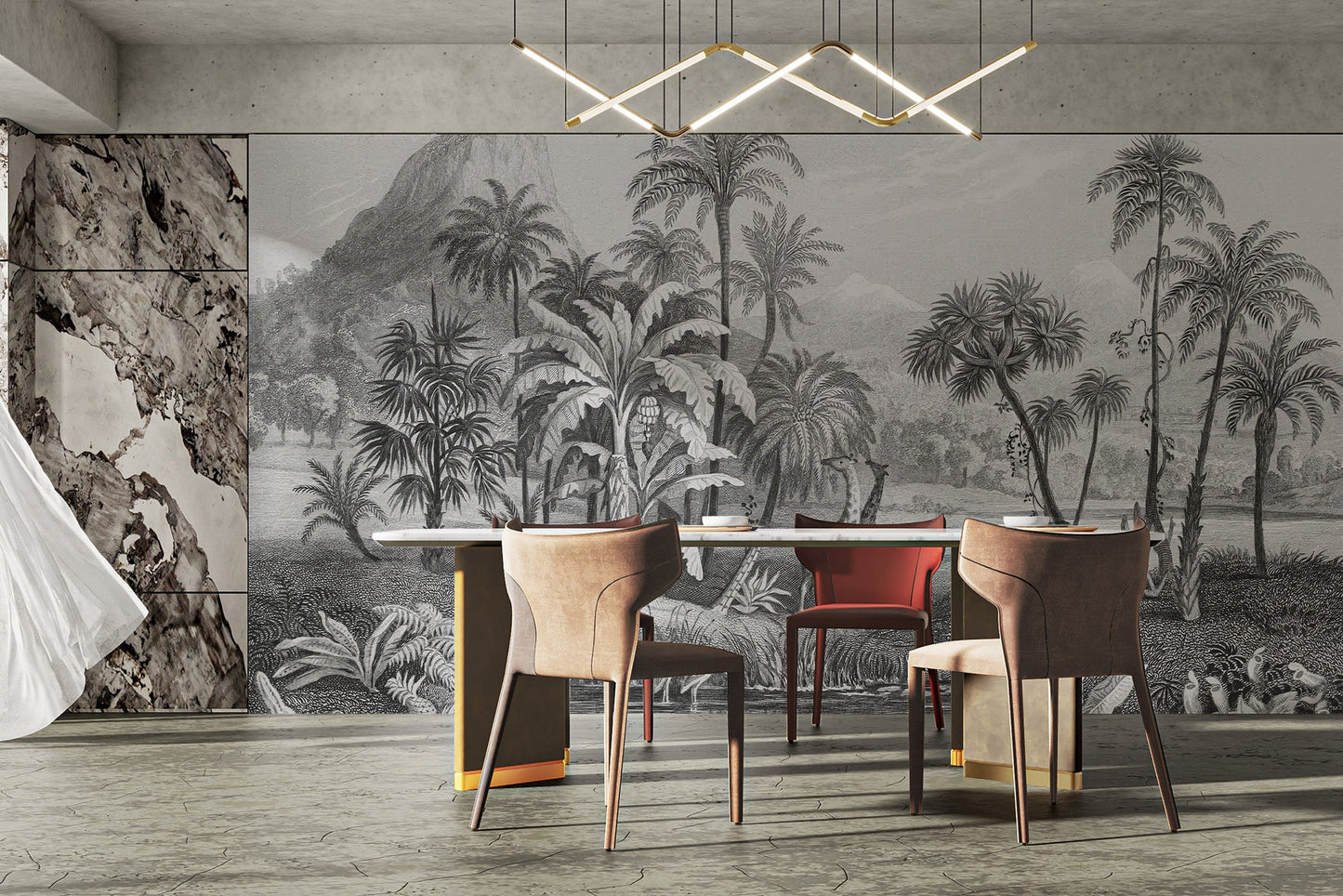 Grayscale tropical print wall mural with palms and distant hills.