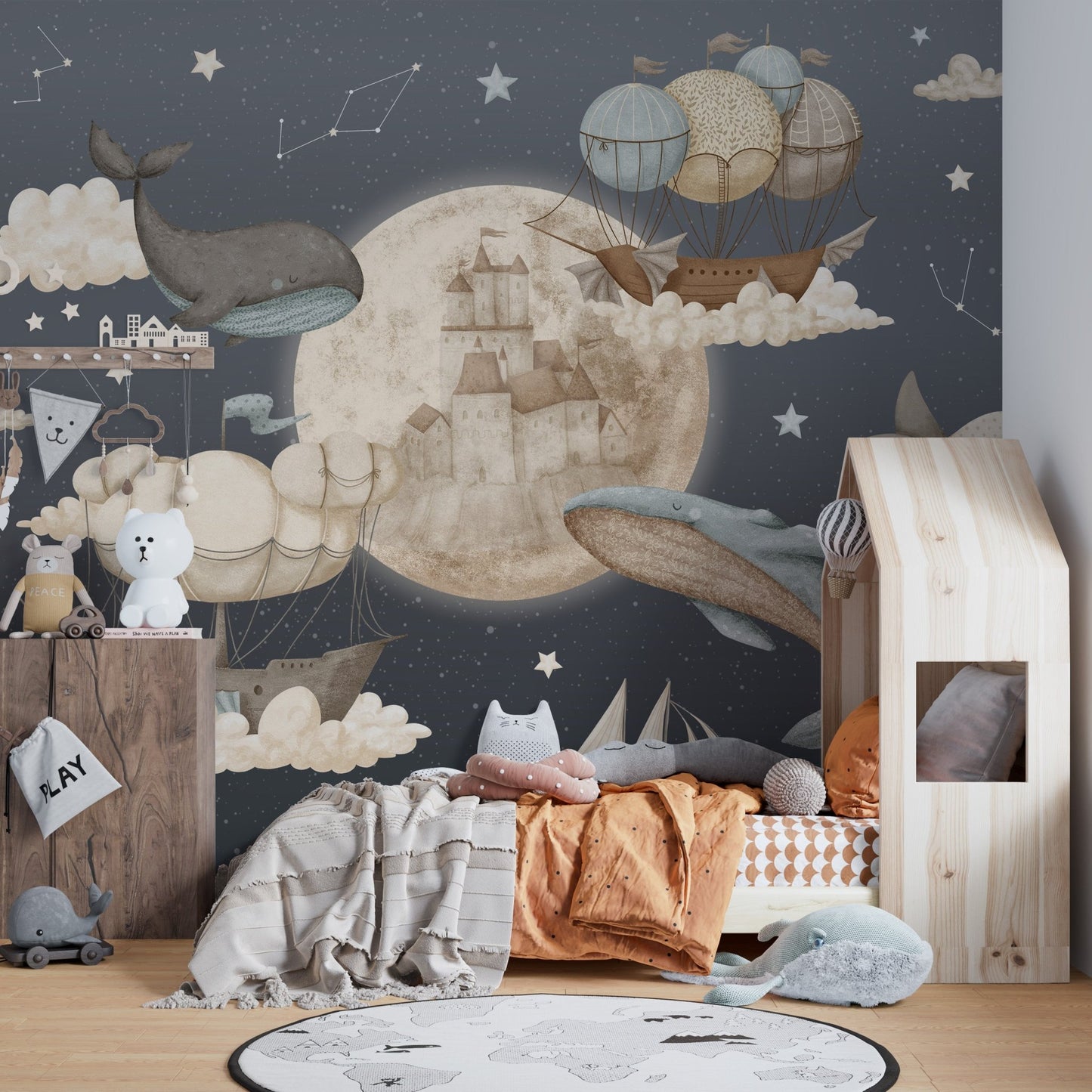 Storybook marine life wall mural in modern neutral palette.