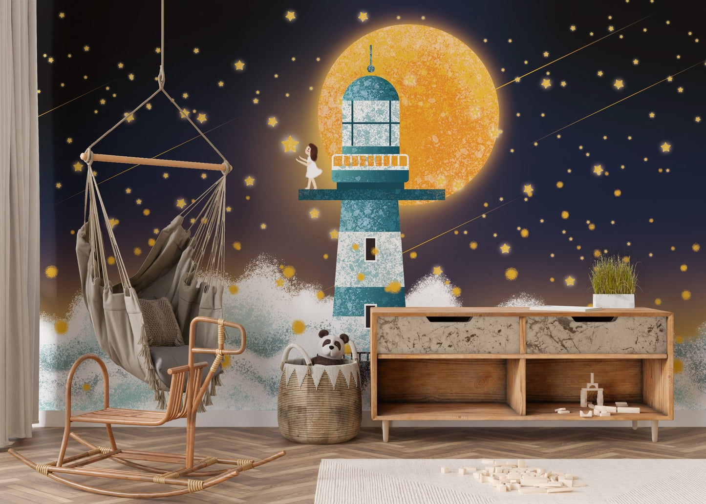 Reading nook for kids with a hanging chair and moonlit wall mural.