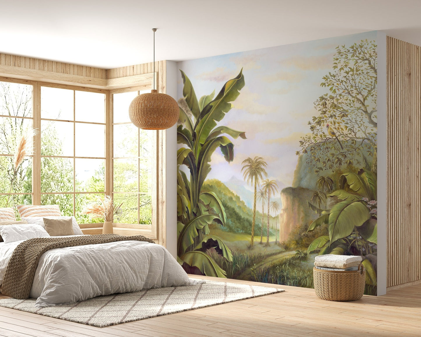 Sunlit bedroom with a cream duvet and Mythical Rainforest Kingdom wall murals
