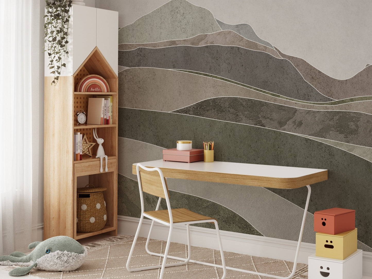 Natural Brown Horizons wall mural behind a white desk in a study area.
