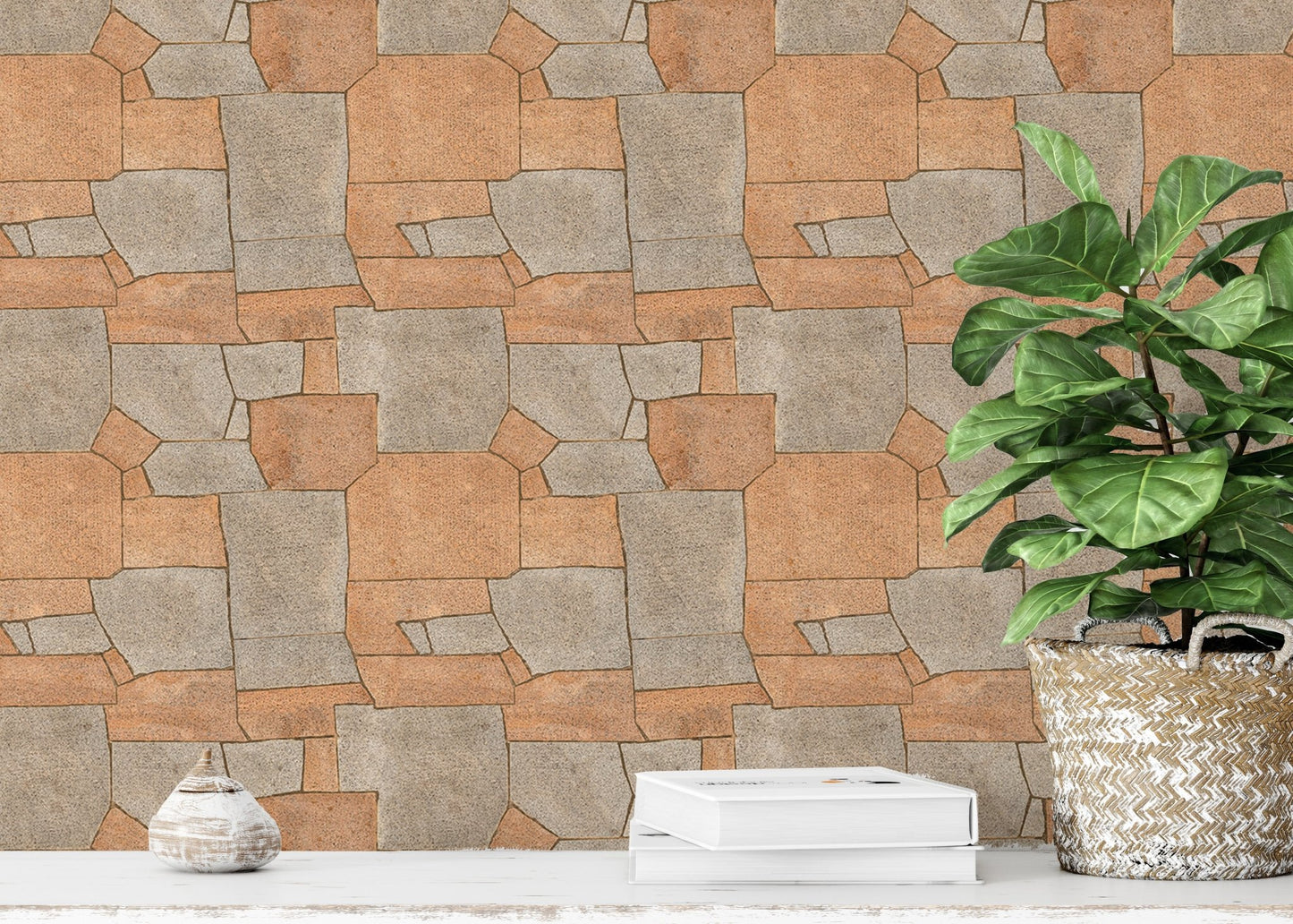Natural Stone Pavement Orange Color Wallpaper behind a green potted plant on a ledge