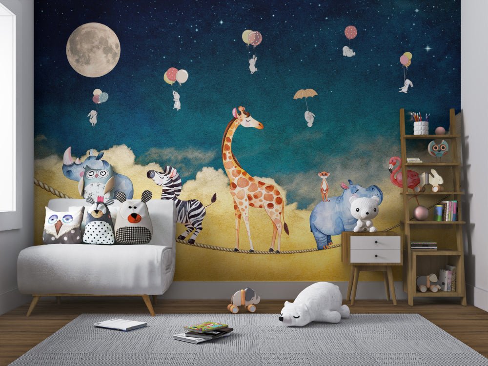 Blue wall mural with watercolor animals and golden clouds for kids spaces.