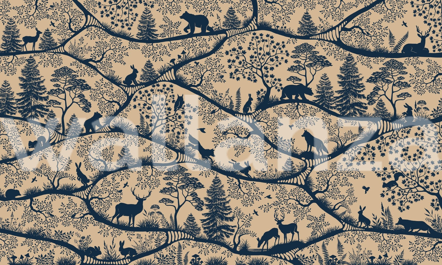 Nordic Nature Beige Blue Wall Mural with bears and owls for kids room.