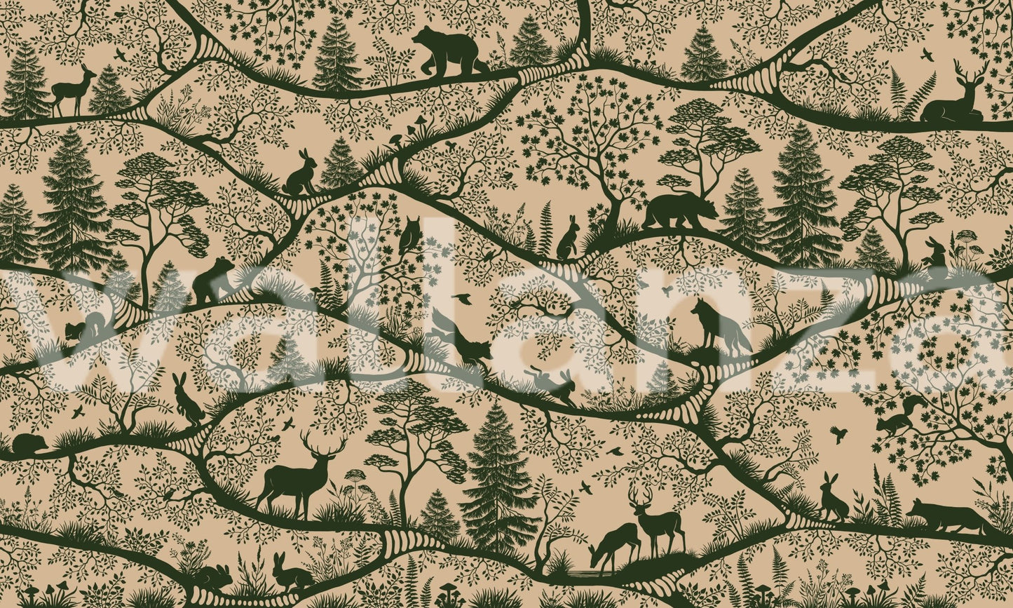 Beige Forest landscape wall mural with bears and foxes for a feature wall installation.