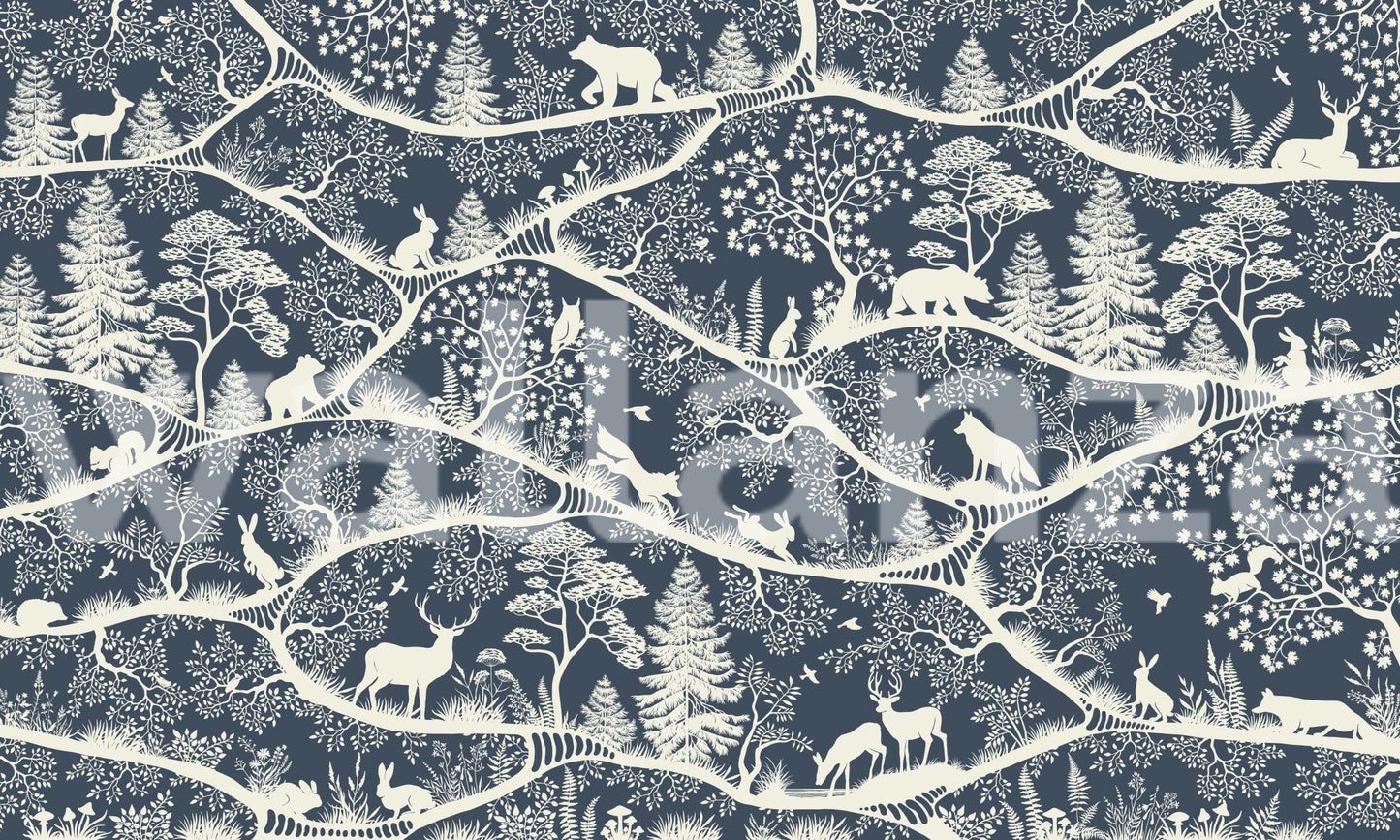 Blue and white wildlife wall mural with pine trees and alpine animals.