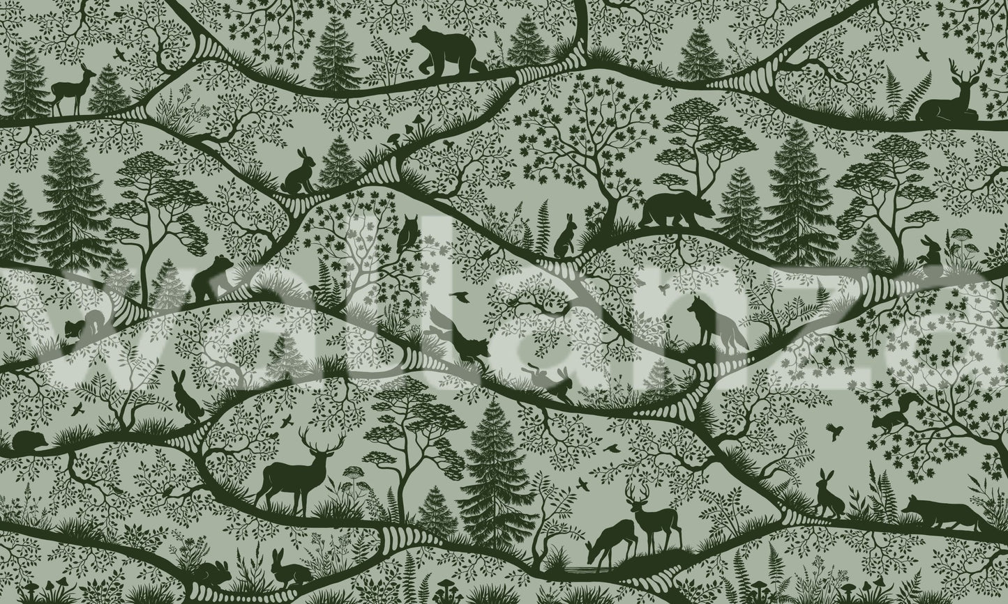Repeating forest pattern wall mural with dark green silhouettes of wolves and elk.