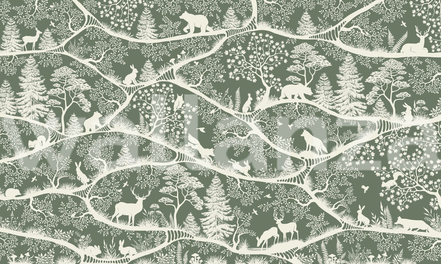Nordic Nature Green White Wall Mural with Green woodland animal pattern.