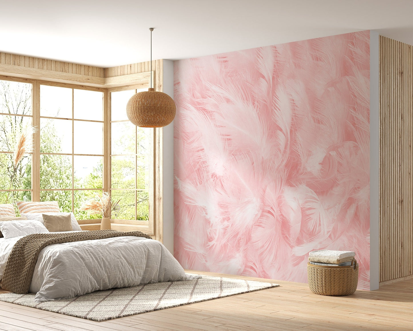 Artistic pink feather wallpaper in a cozy bedroom.