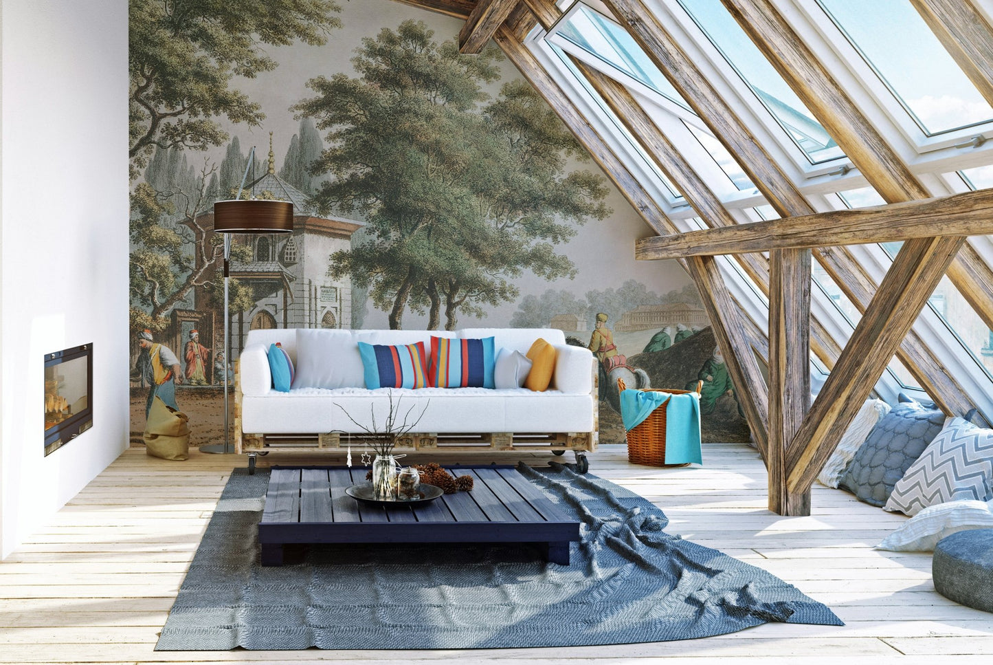 Attic living space with skylights and Old Vintage Village life Mural.