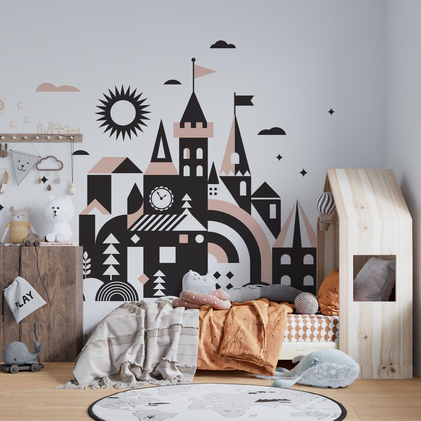Dreamy kingdom mural with a Once Upon a Time fairy tale theme in children bedroom.