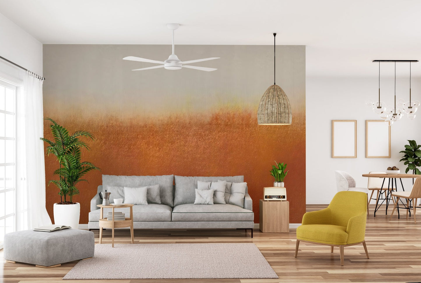 Textured orange wall mural with a horizontal gradient effect for living room