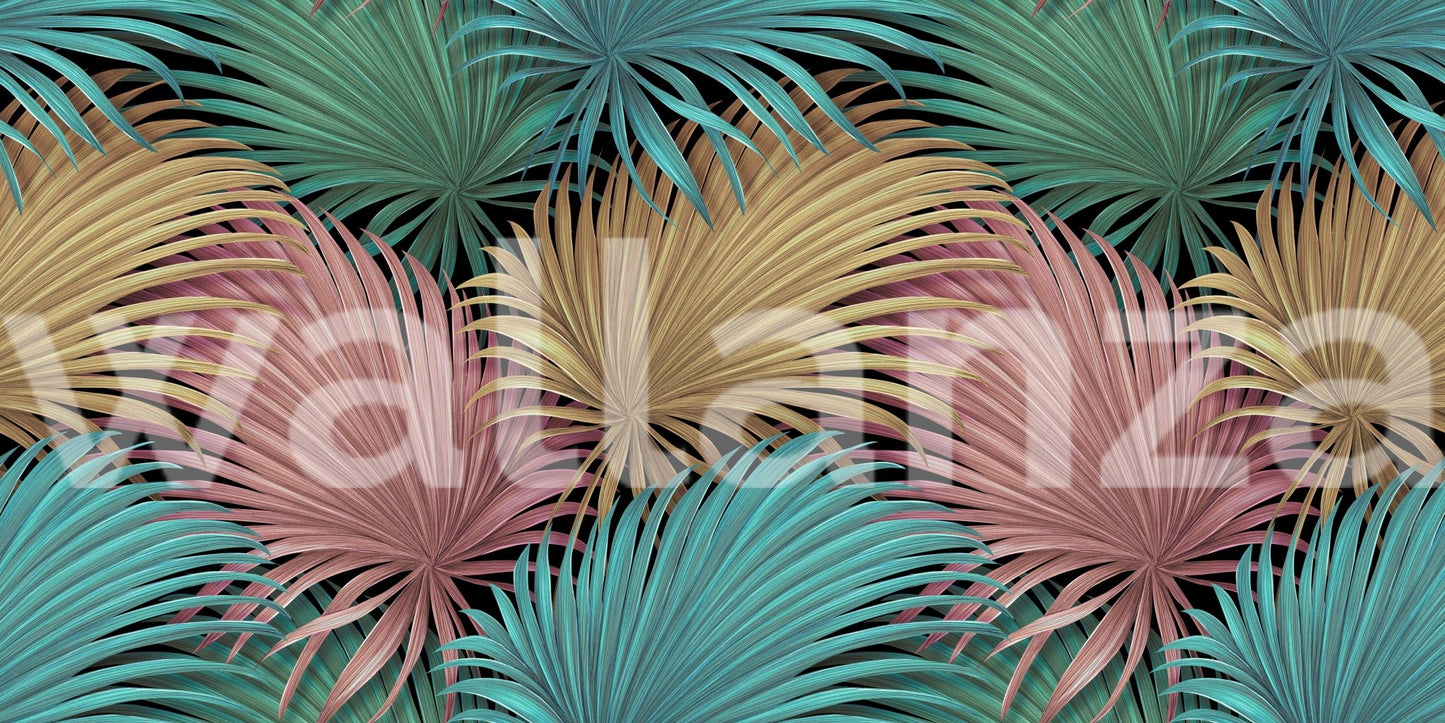 Horizontal view of repeating teal and pink tropical palm leaves wall mural.