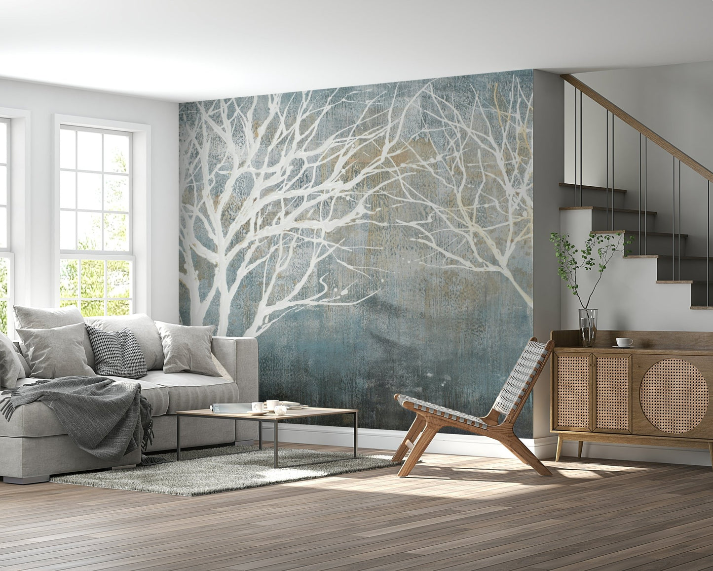 Panoramic Forest on Textured Blue Wall Mural - Wallanza