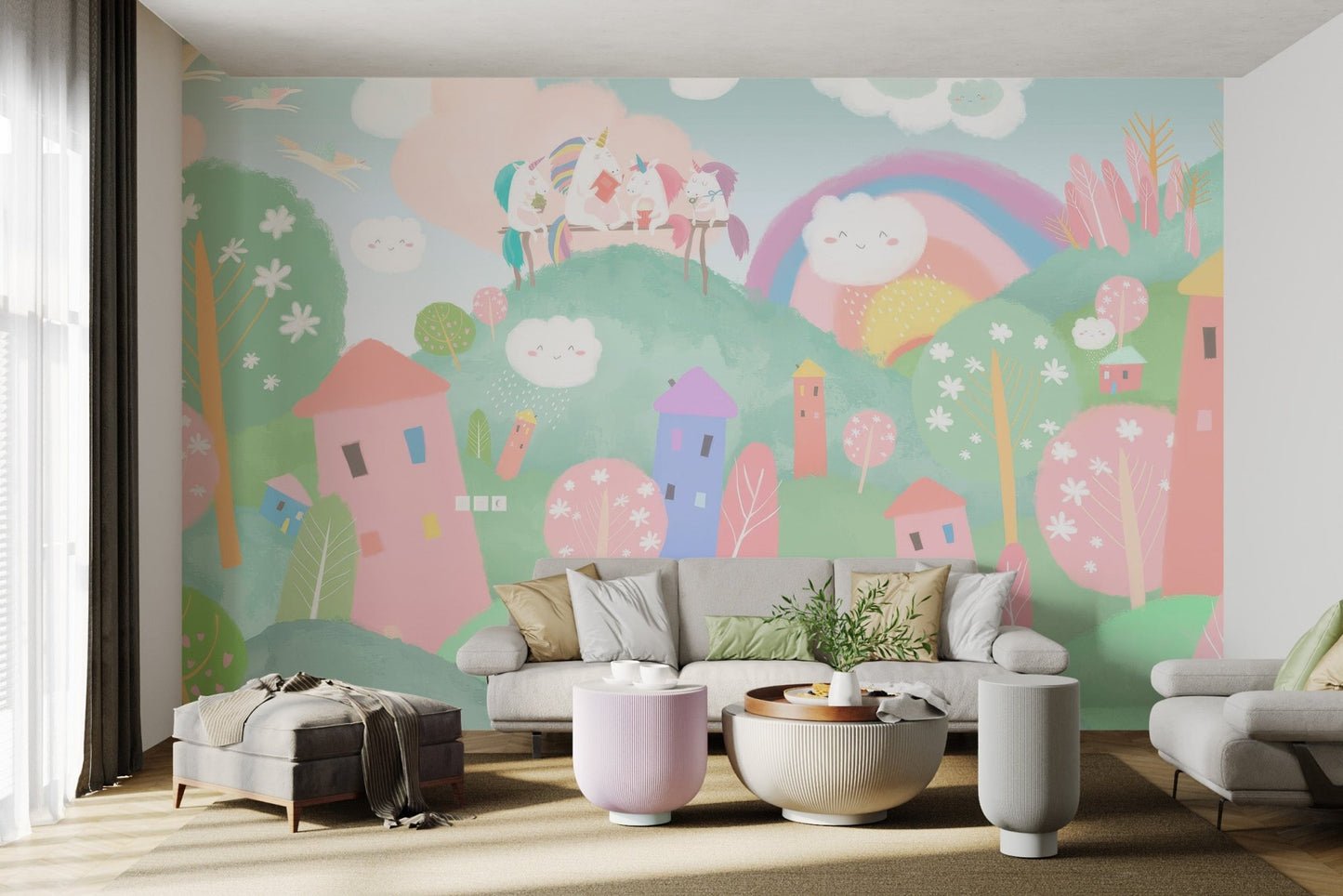 Happy clouds and colorful wall mural with flowers and trees.