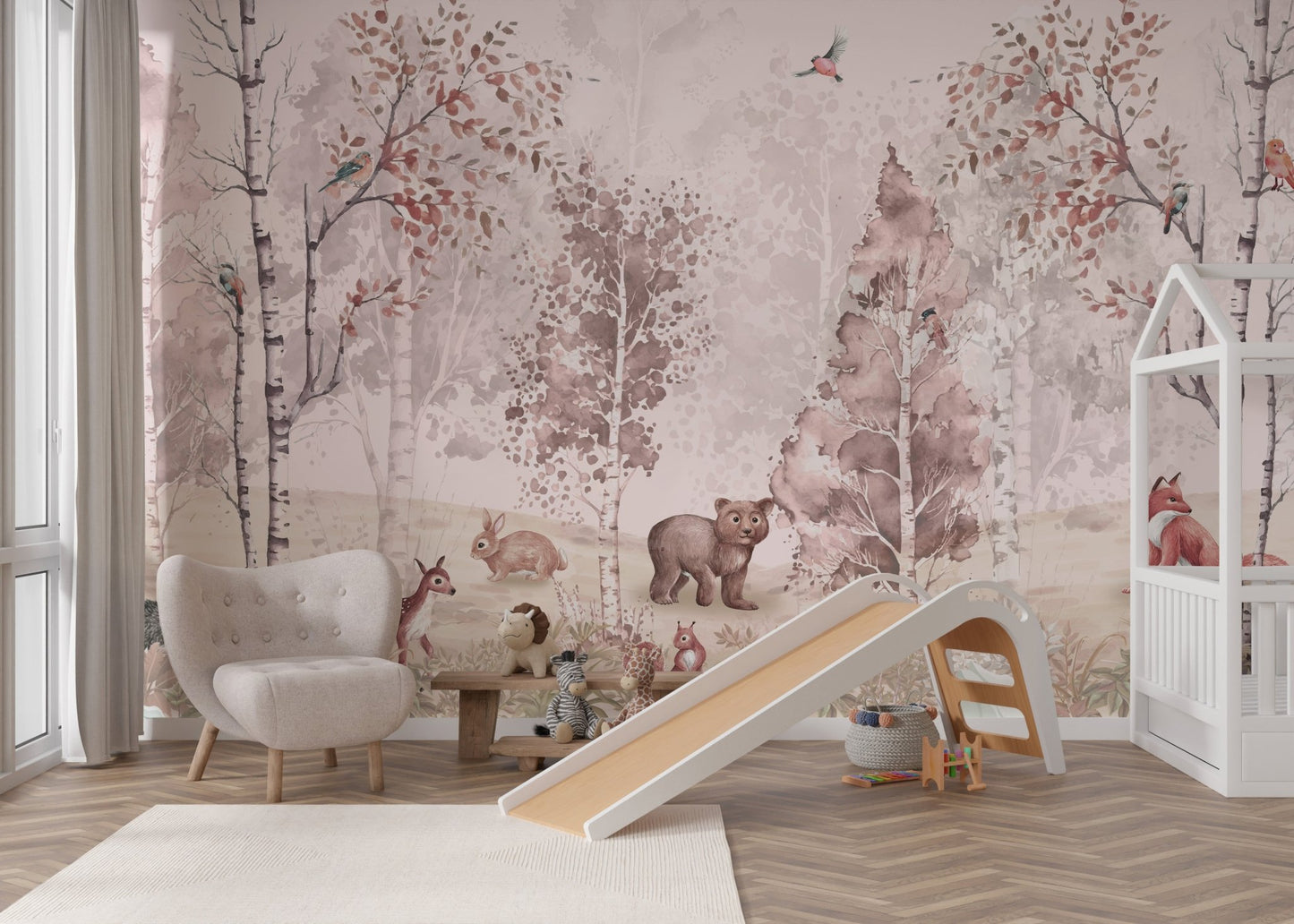 Hand-drawn forest creature wall mural for child nursery interior.