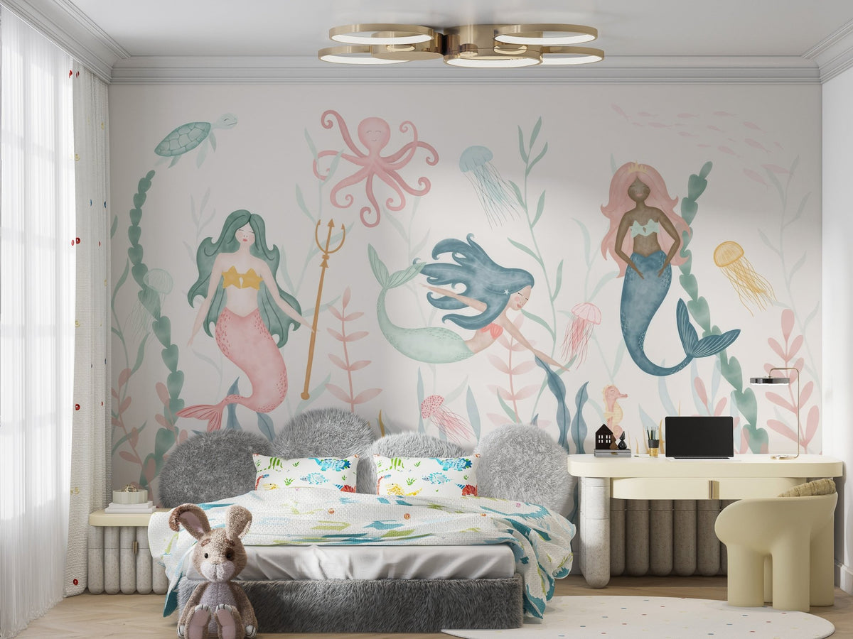 Muted tone wall mural showcasing diverse mermaid characters.