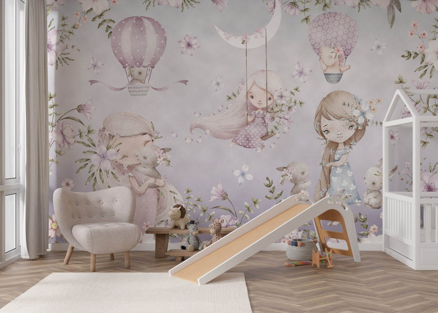 Lavender and pink wall mural featuring girls, flowers, and animals.