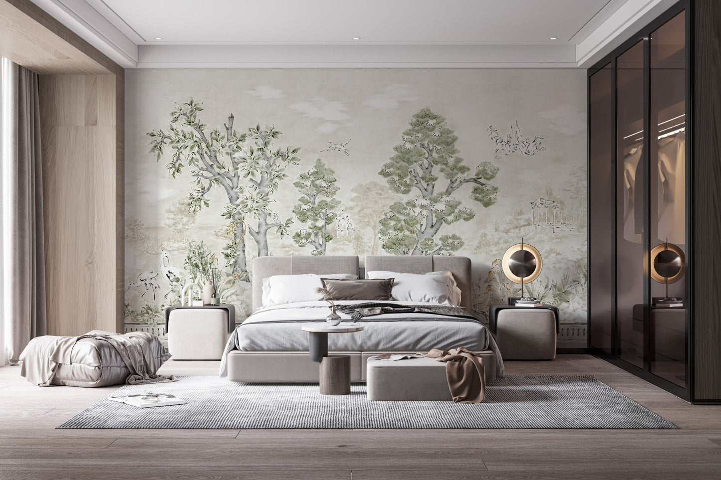 Artistic tree pattern mural for a feature wall in a master bedroom.