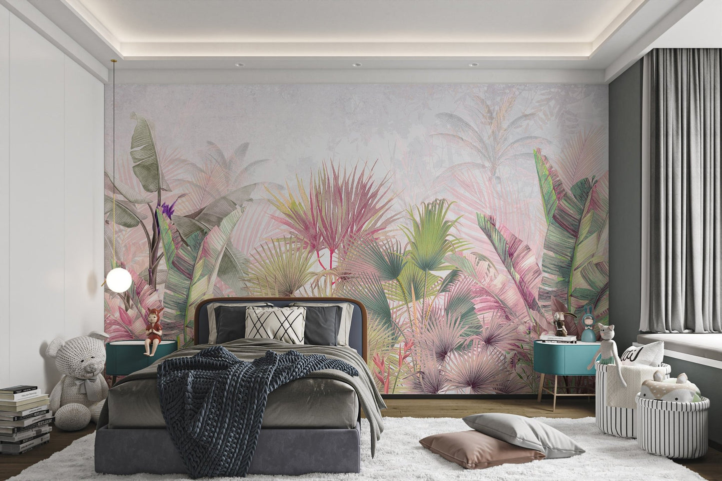 Pastel Tropical Palm and Banana Leaves Wall mural in a kids bedroom.
