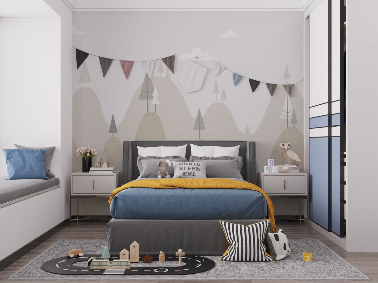 Minimalist mountain peaks wall mural in a child's bedroom with a white dresser.
