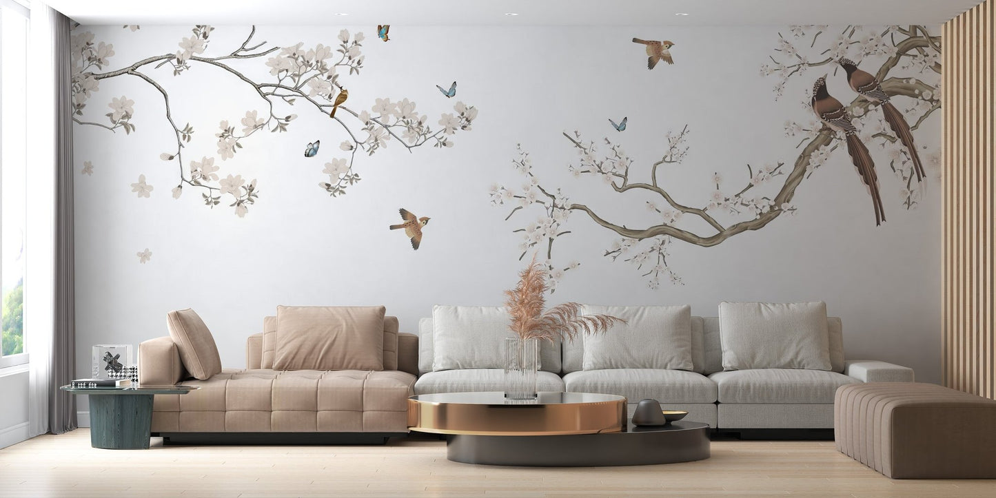 Minimalist blossom and sparrow wallpaper wall mural composition.