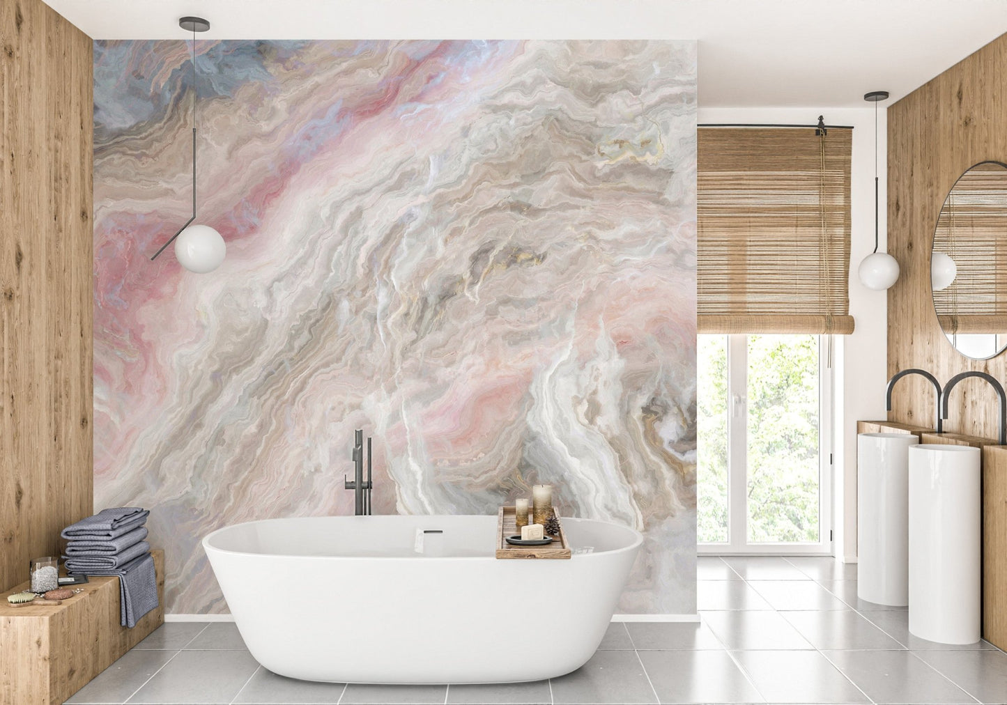 Natural marble texture wall mural behind a white porcelain bathtub.