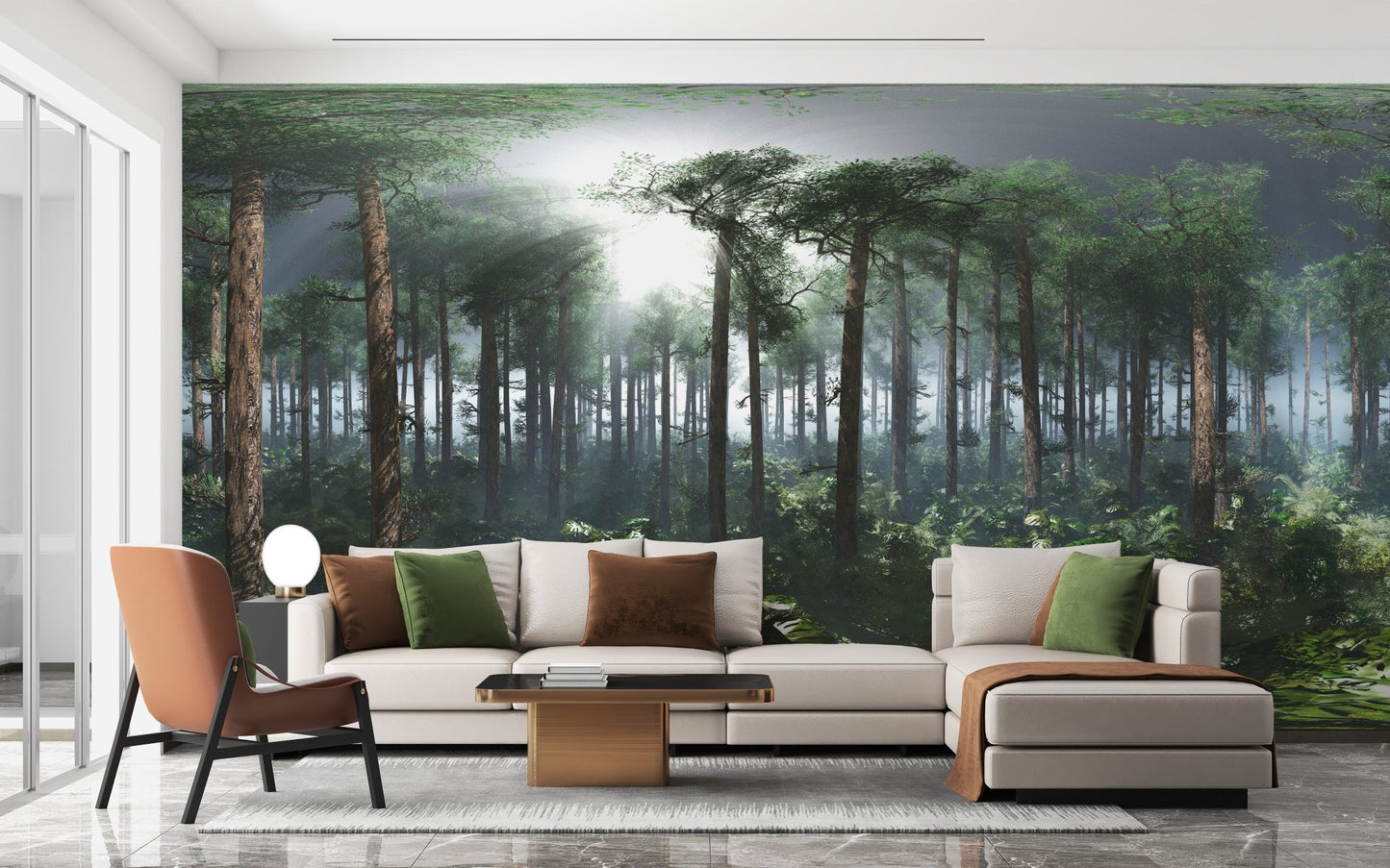 Sophisticated living area wall mural with a scenic rainforest landscape in deep green.