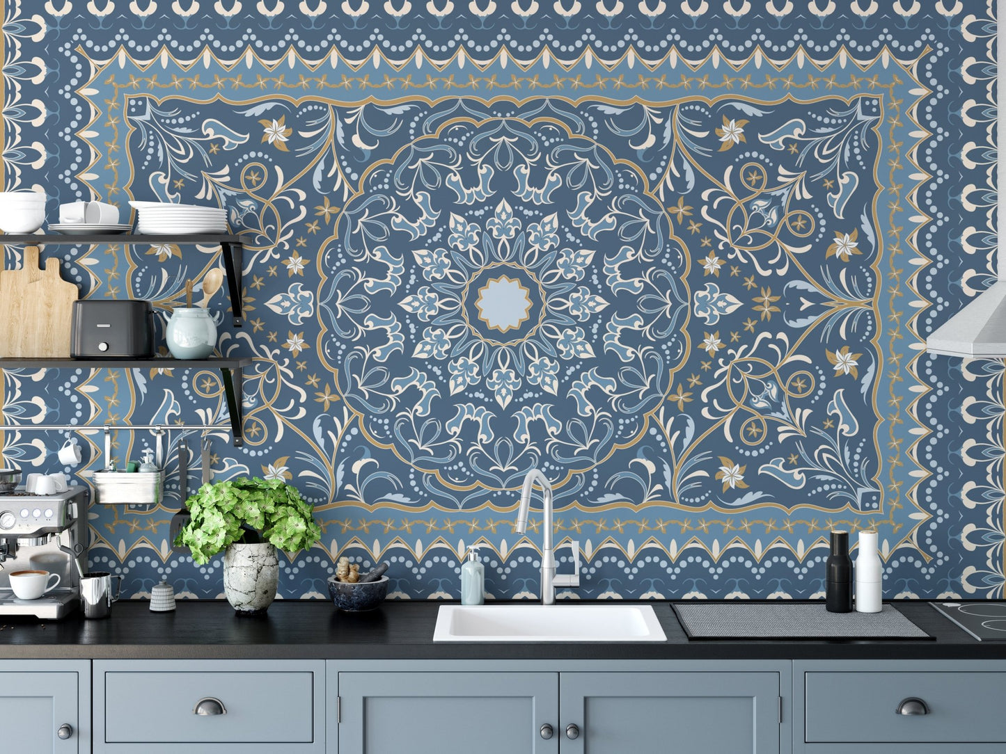 Kitchen backsplash area featuring a blue and white Persian Carpet Wall Mural.