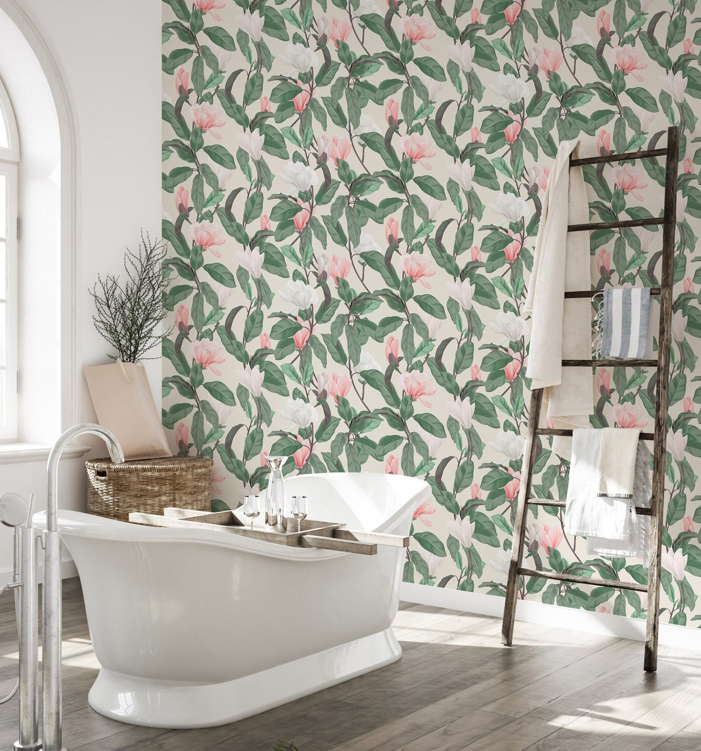 Botanical flower wallpaper in a bathroom with a white freestanding bathtub