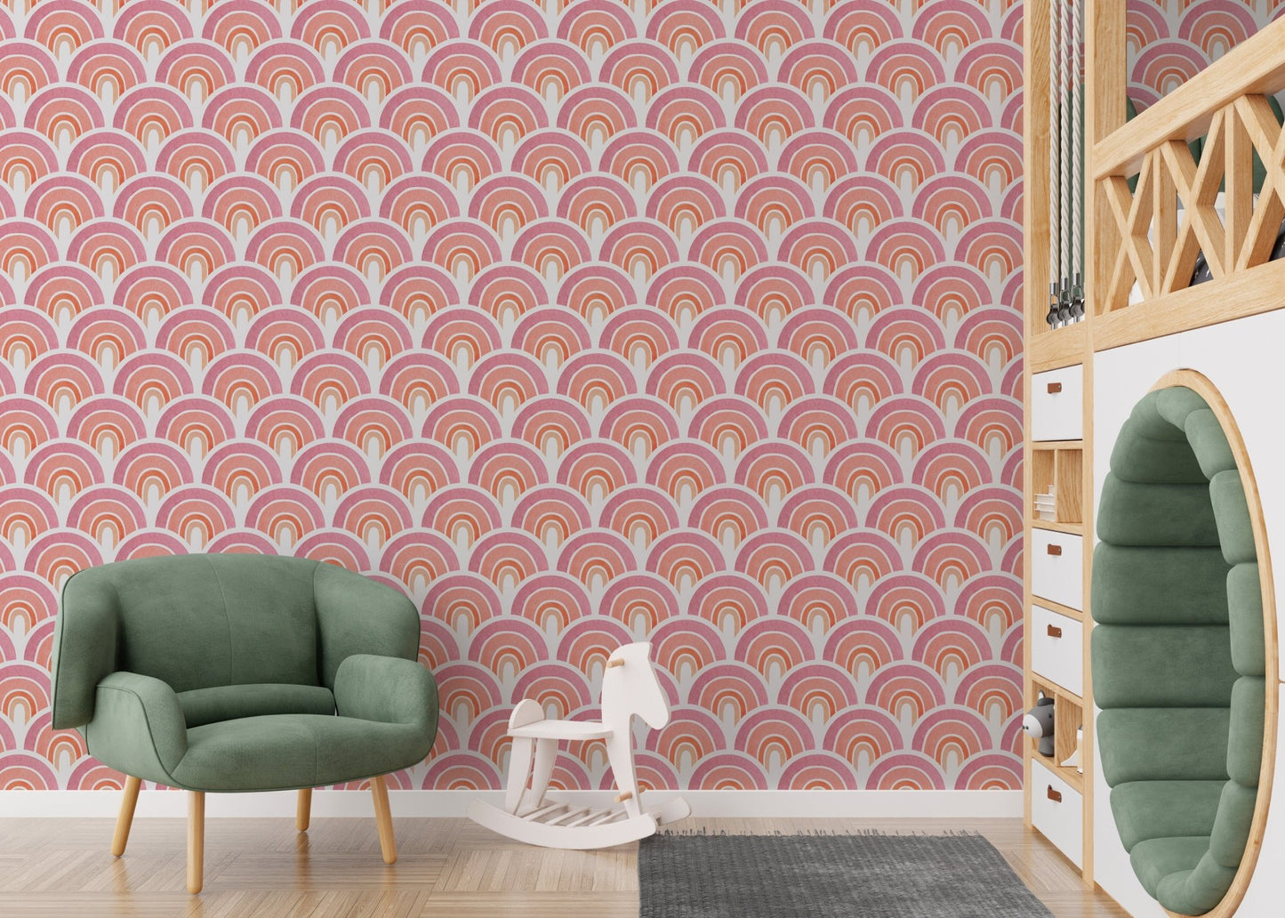 Pink arch patterns wall mural for a feature wall in a nursery room