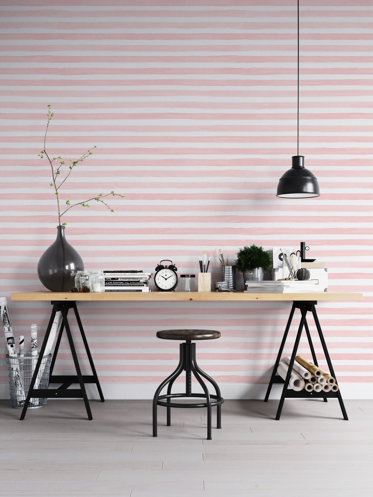 Pink Color Abstract Stripe Watercolor Wallpaper in a home office with a black stool.
