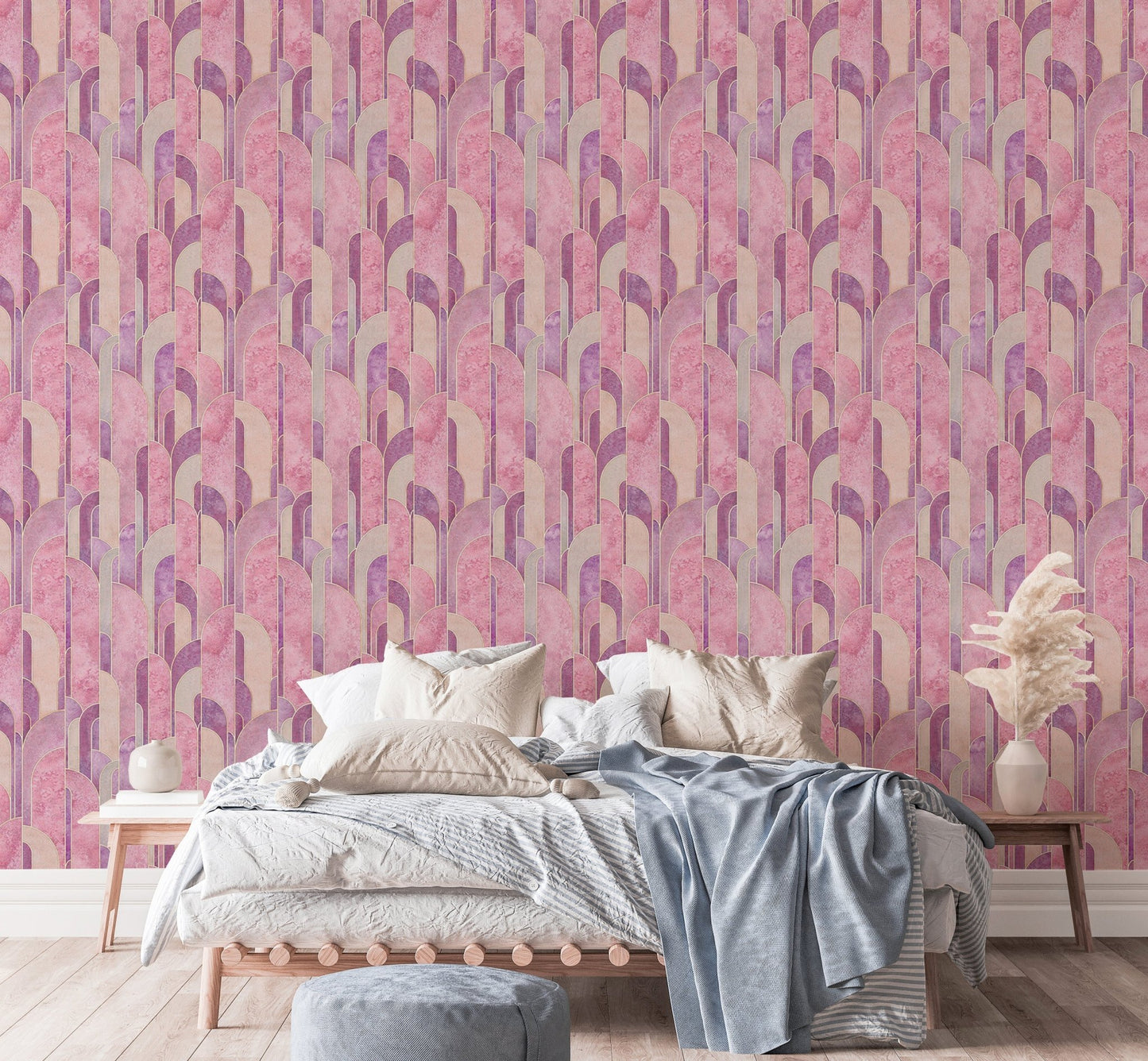 Contemporary pink Deco geometric wallpaper in bright bedroom.