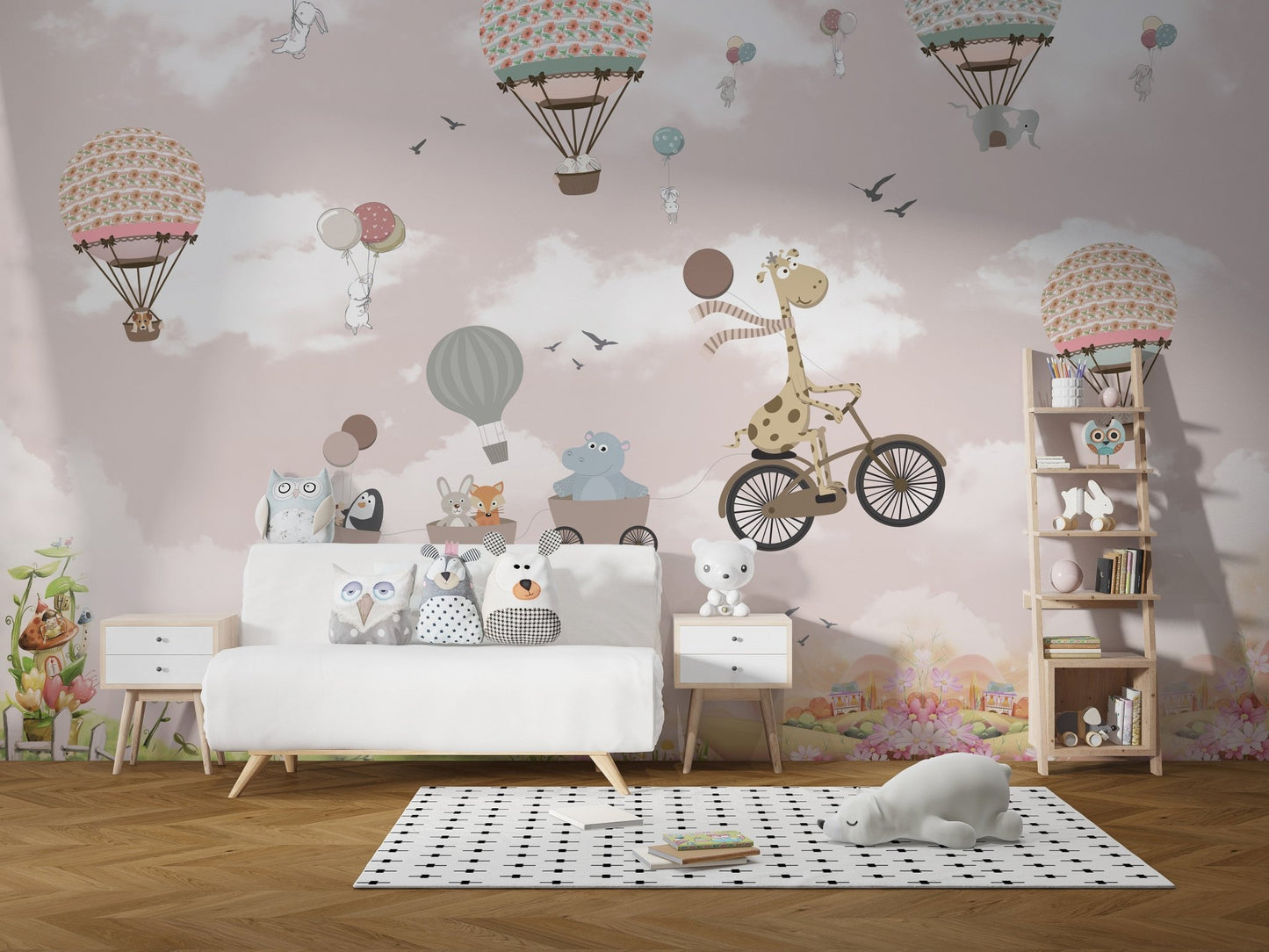Pink Hot Air Balloon Animals Bicycle Wall Mural in a playroom with white furniture.