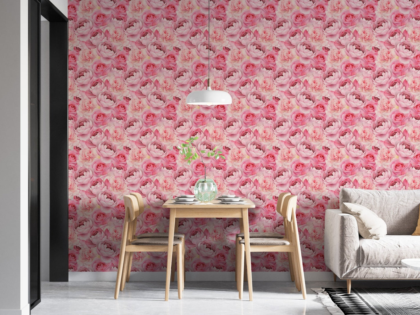 Pink peonies roses wallpaper for dining room wall decor in open plan living area.