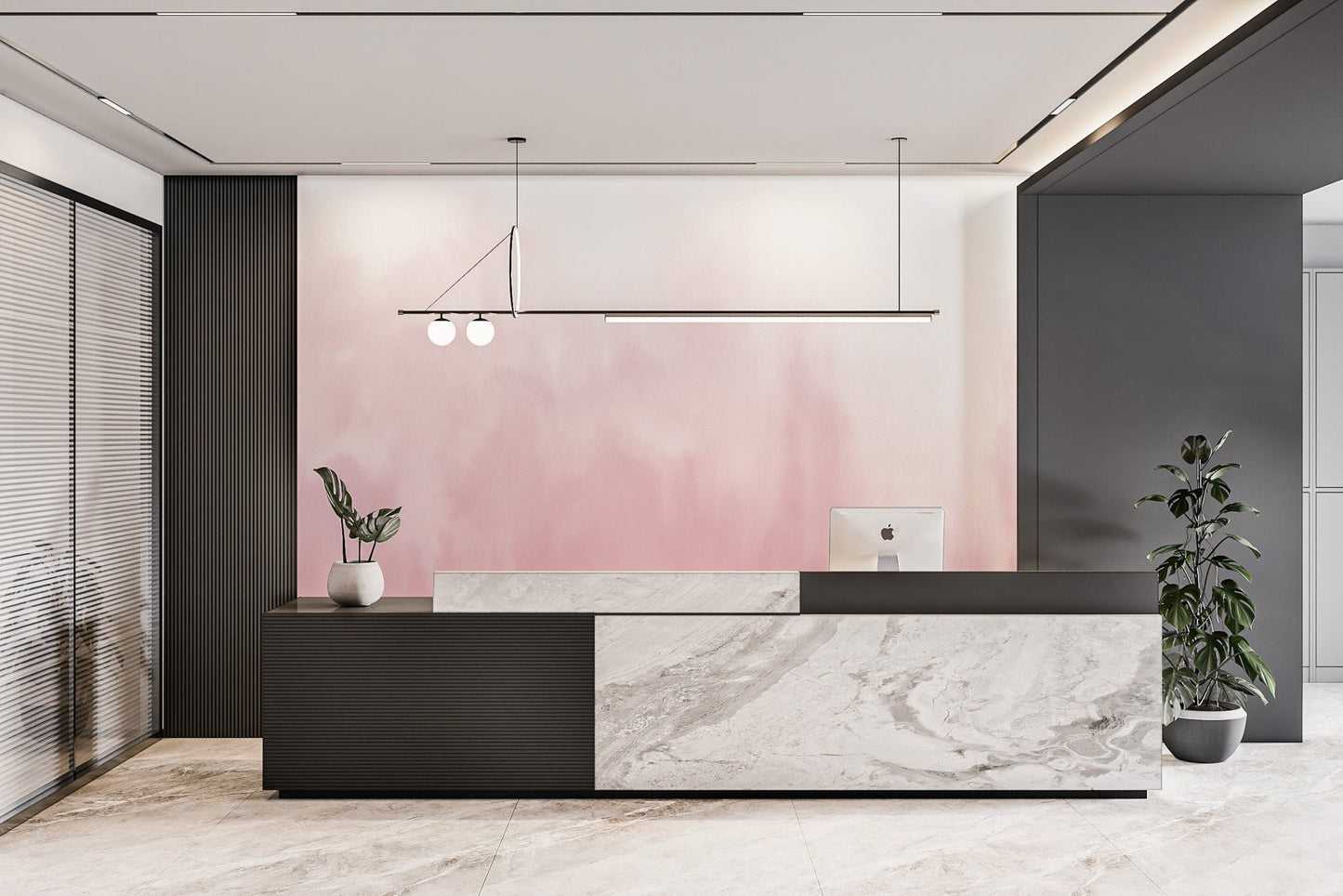 Pastel pink gradient wall mural applied to a wide hallway.
