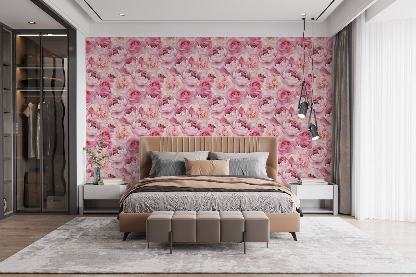 Bright bedroom with pink watercolor rose wallpaper.