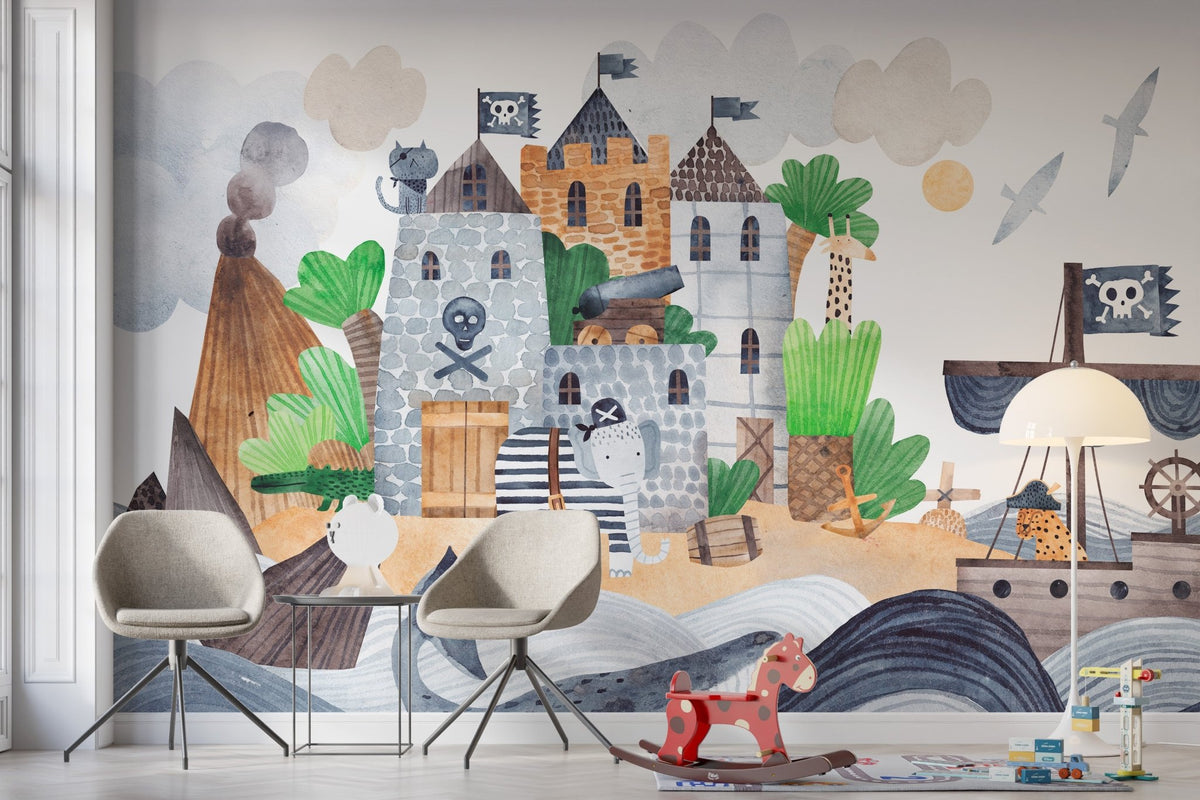 Ocean pirate wallpaper with striped elephant and tropical details.