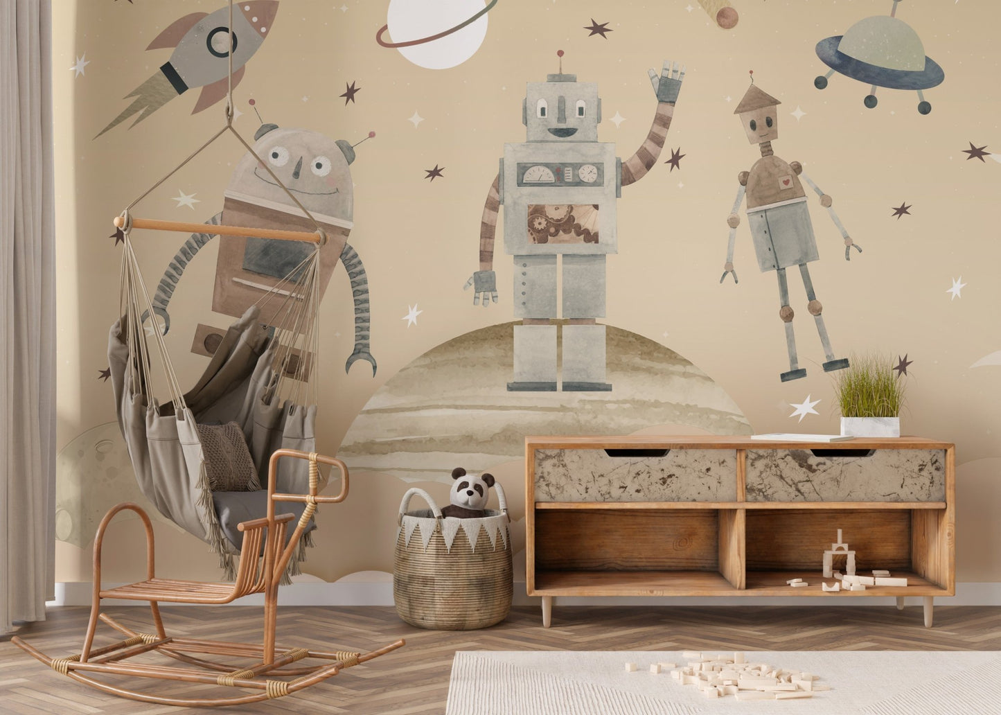 Playful Cosmic Robots Wall Mural - Wallanza